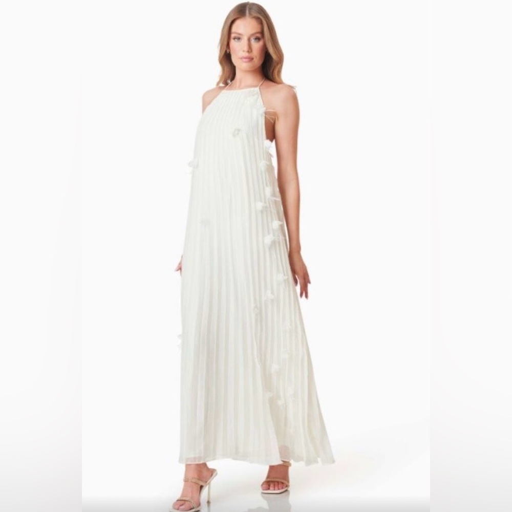ELLIATT Emelia Floral Appliqué Pleated Georgette Halter Maxi Dress Bridal  XXS N